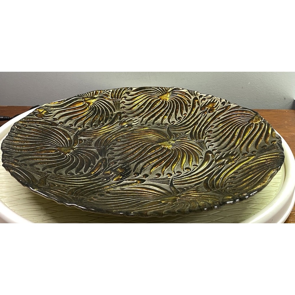 Vintage Three‎ Heads Hand Painted Glass Decorative Gold&Brown Decor Bowl 15" EUC - Picture 3 of 4